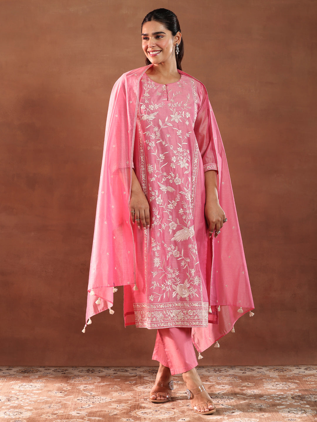  Coral Embroidered Chanderi Silk Straight Suit With Dupatta 