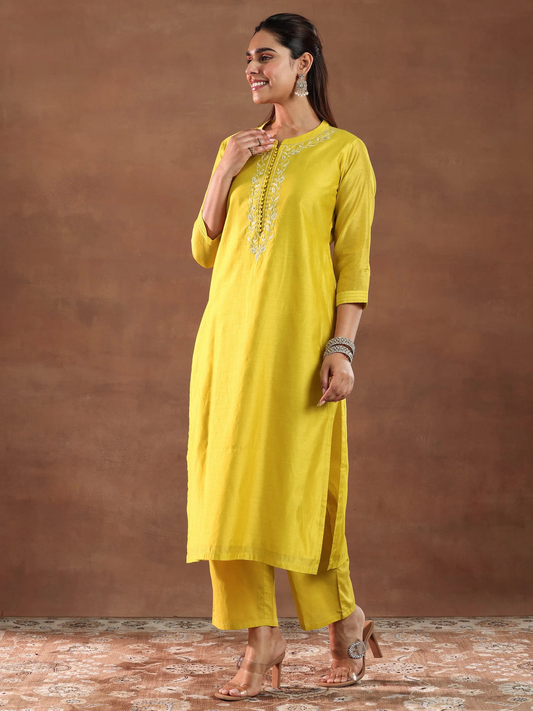  Mustard Yoke Design Chanderi Silk Straight Suit With Dupatta 