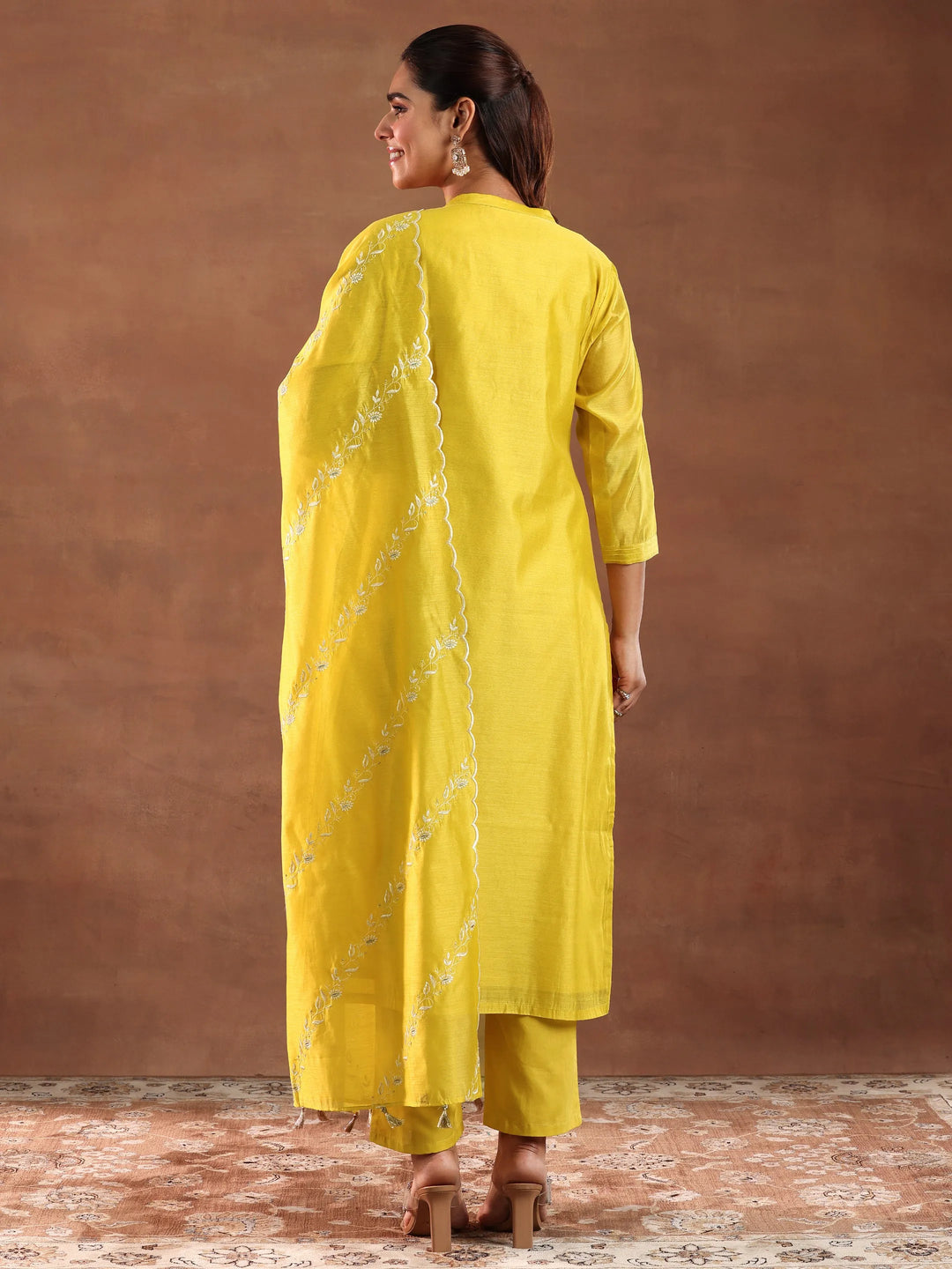  Mustard Yoke Design Chanderi Silk Straight Suit With Dupatta 