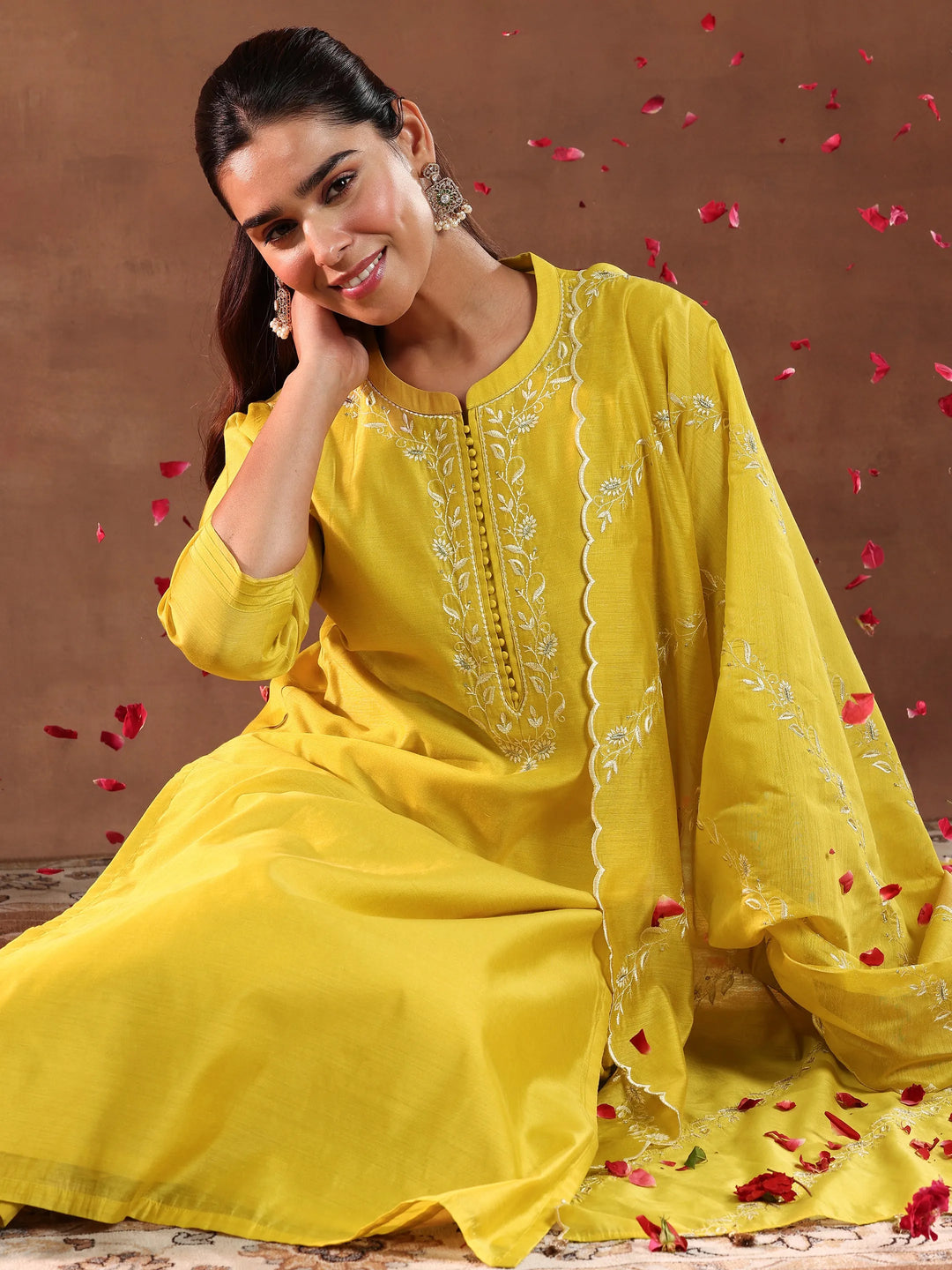  Mustard Yoke Design Chanderi Silk Straight Suit With Dupatta 