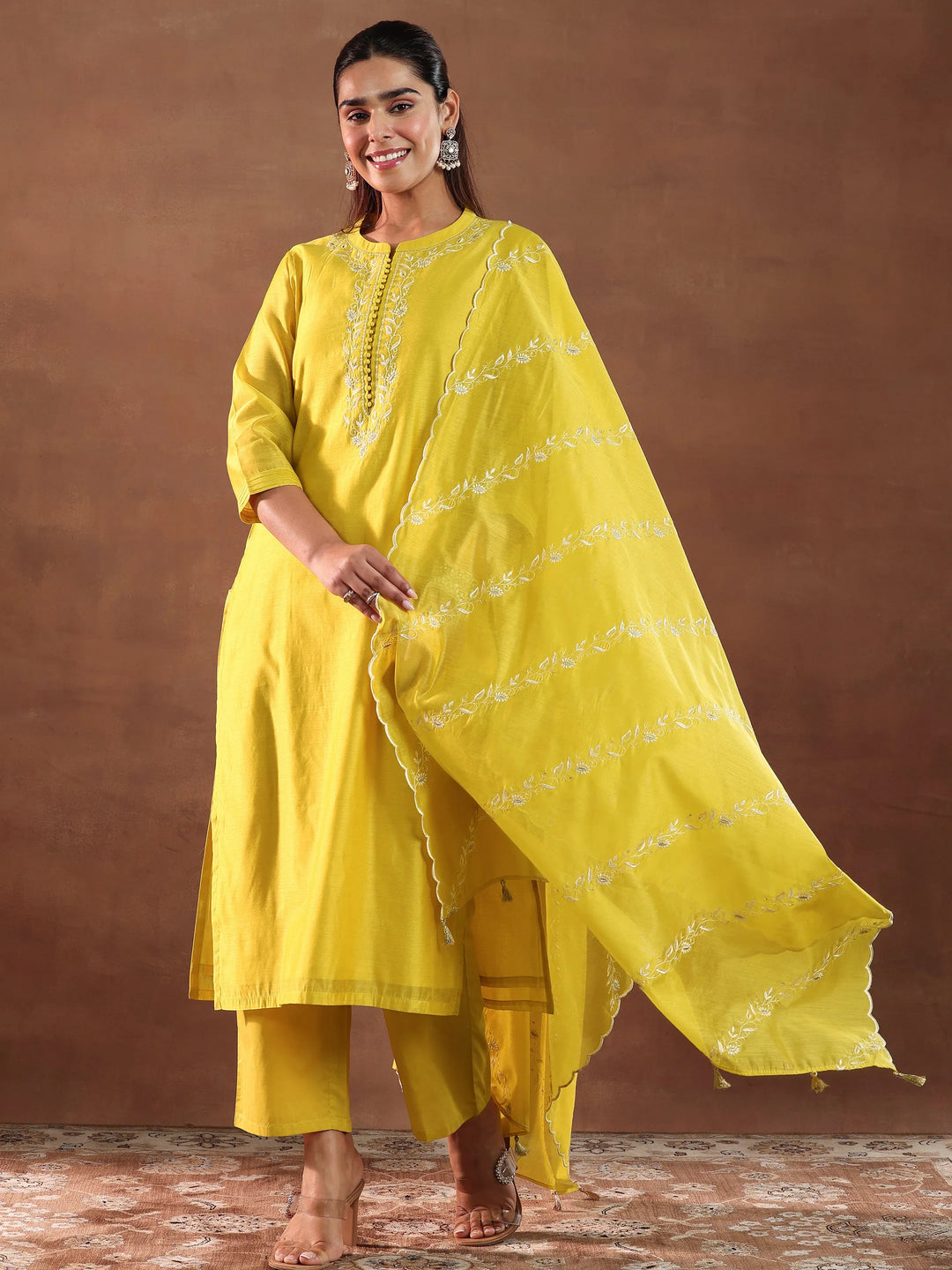  Mustard Yoke Design Chanderi Silk Straight Suit With Dupatta 