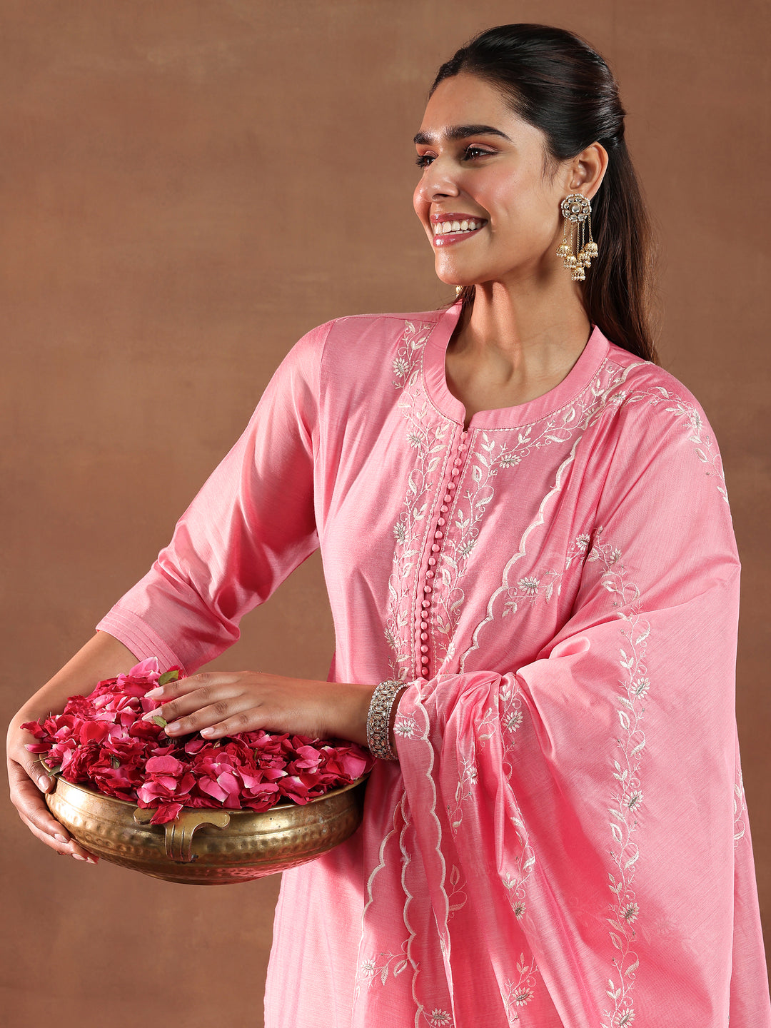 Coral Yoke Design Chanderi Silk Straight Suit With Dupatta