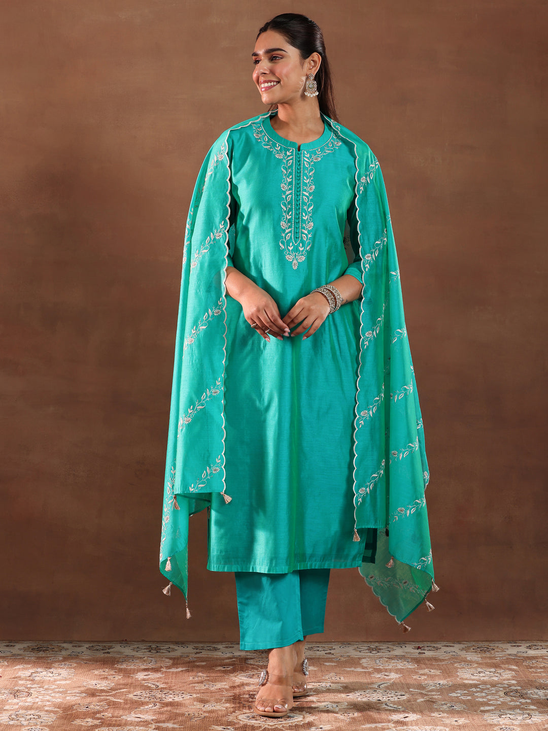  Turquoise Yoke Design Chanderi Silk Straight Suit With Dupatta 