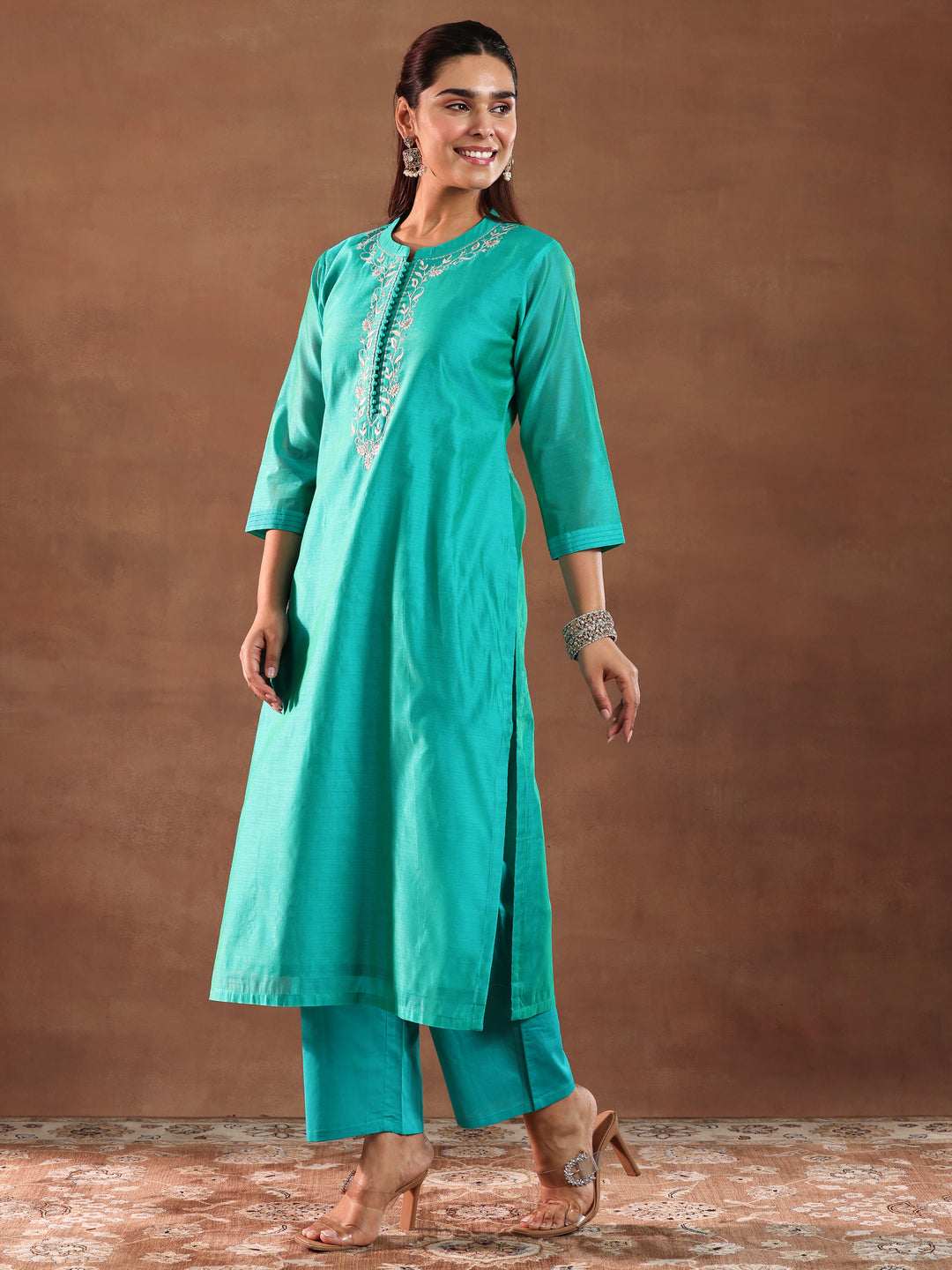  Turquoise Yoke Design Chanderi Silk Straight Suit With Dupatta 