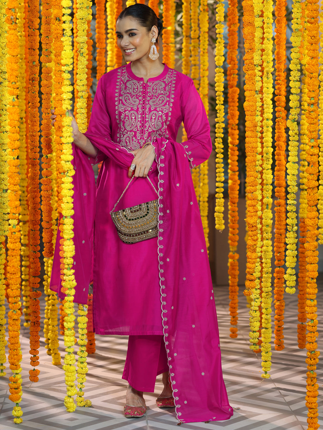 Pink Yoke Design Chanderi Silk Straight Suit With Dupatta