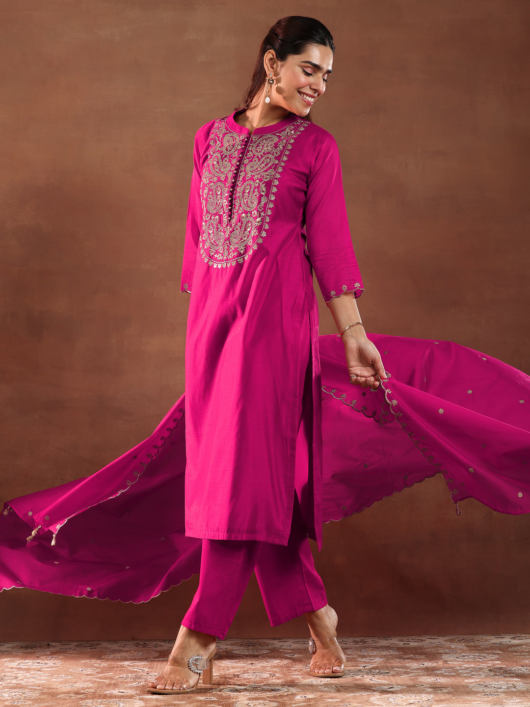 Pink Yoke Design Chanderi Silk Straight Suit With Dupatta