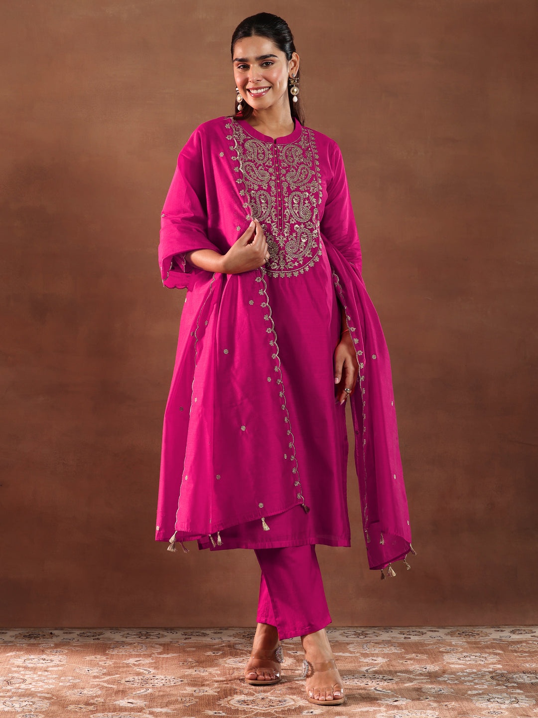  Pink Yoke Design Chanderi Silk Straight Suit With Dupatta 