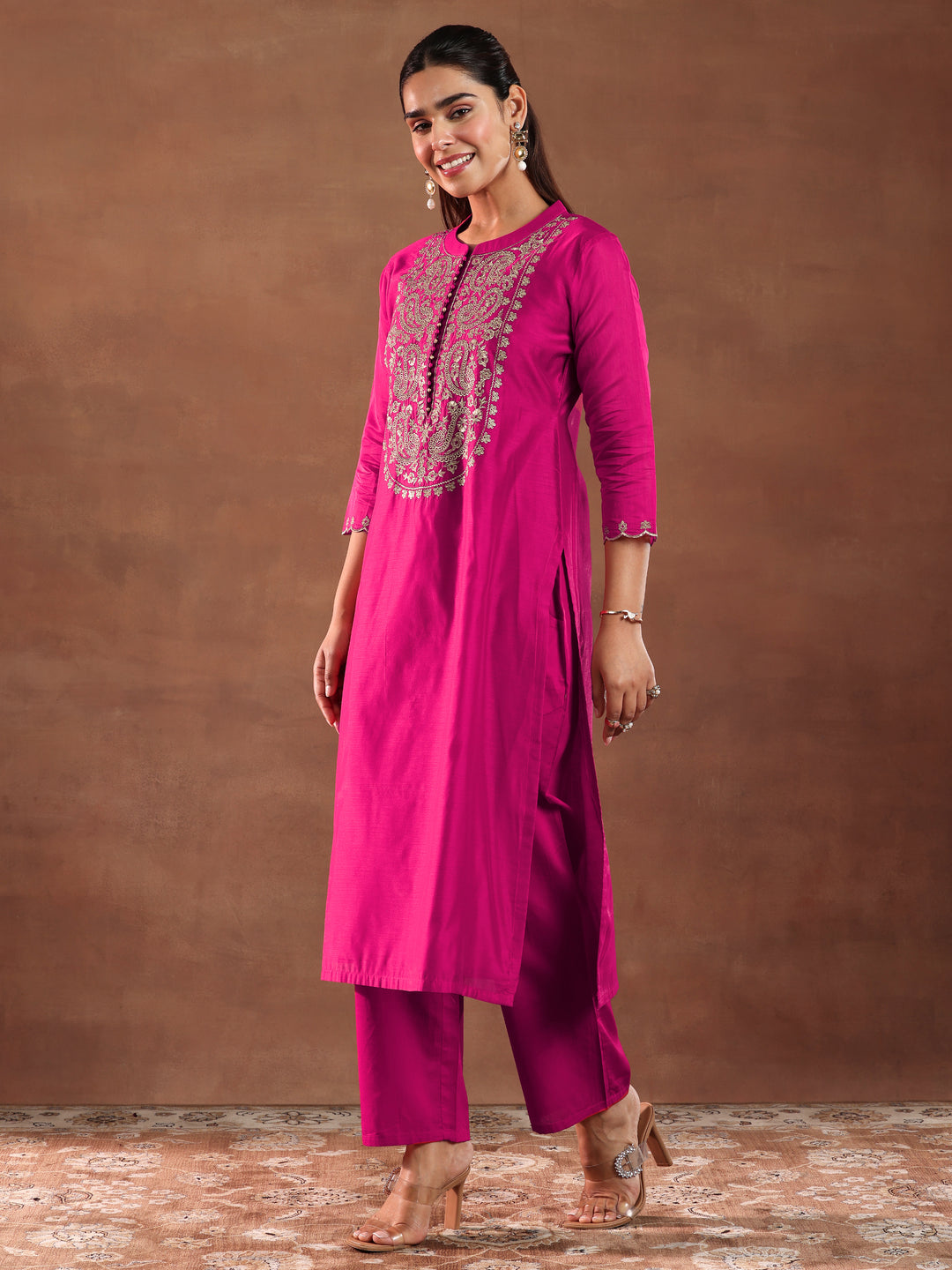  Pink Yoke Design Chanderi Silk Straight Suit With Dupatta 