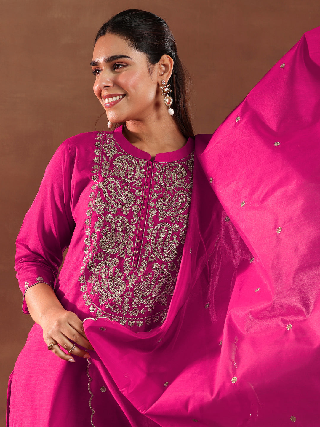  Pink Yoke Design Chanderi Silk Straight Suit With Dupatta 