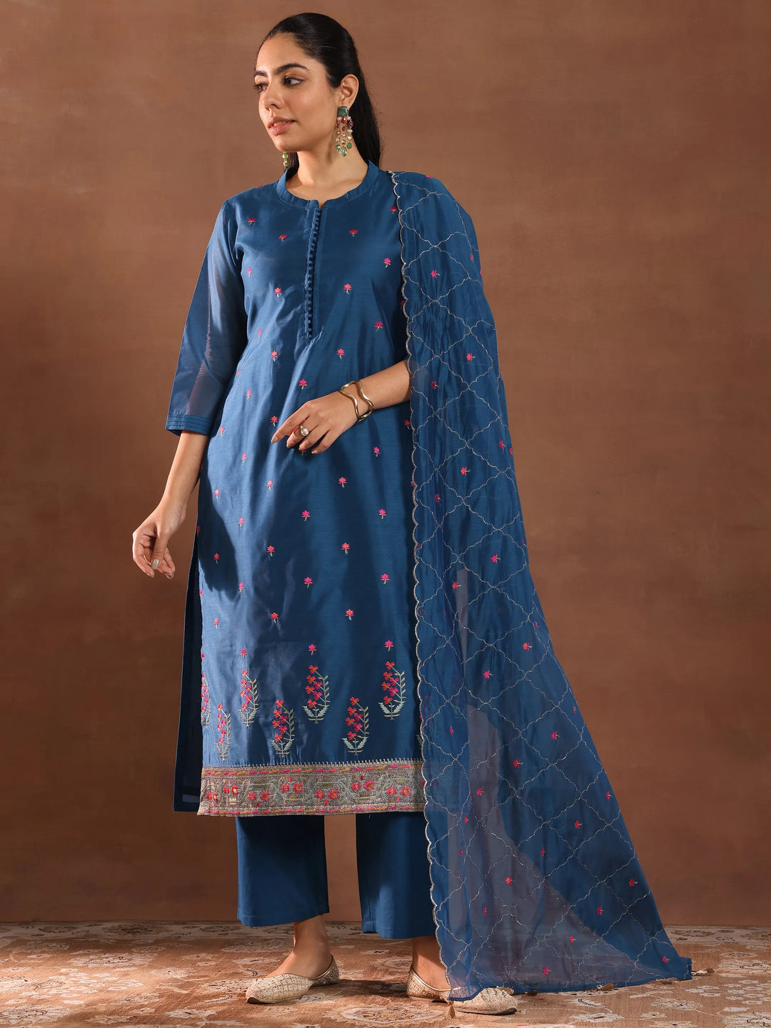  Teal Embroidered Chanderi Silk Straight Suit With Dupatta 