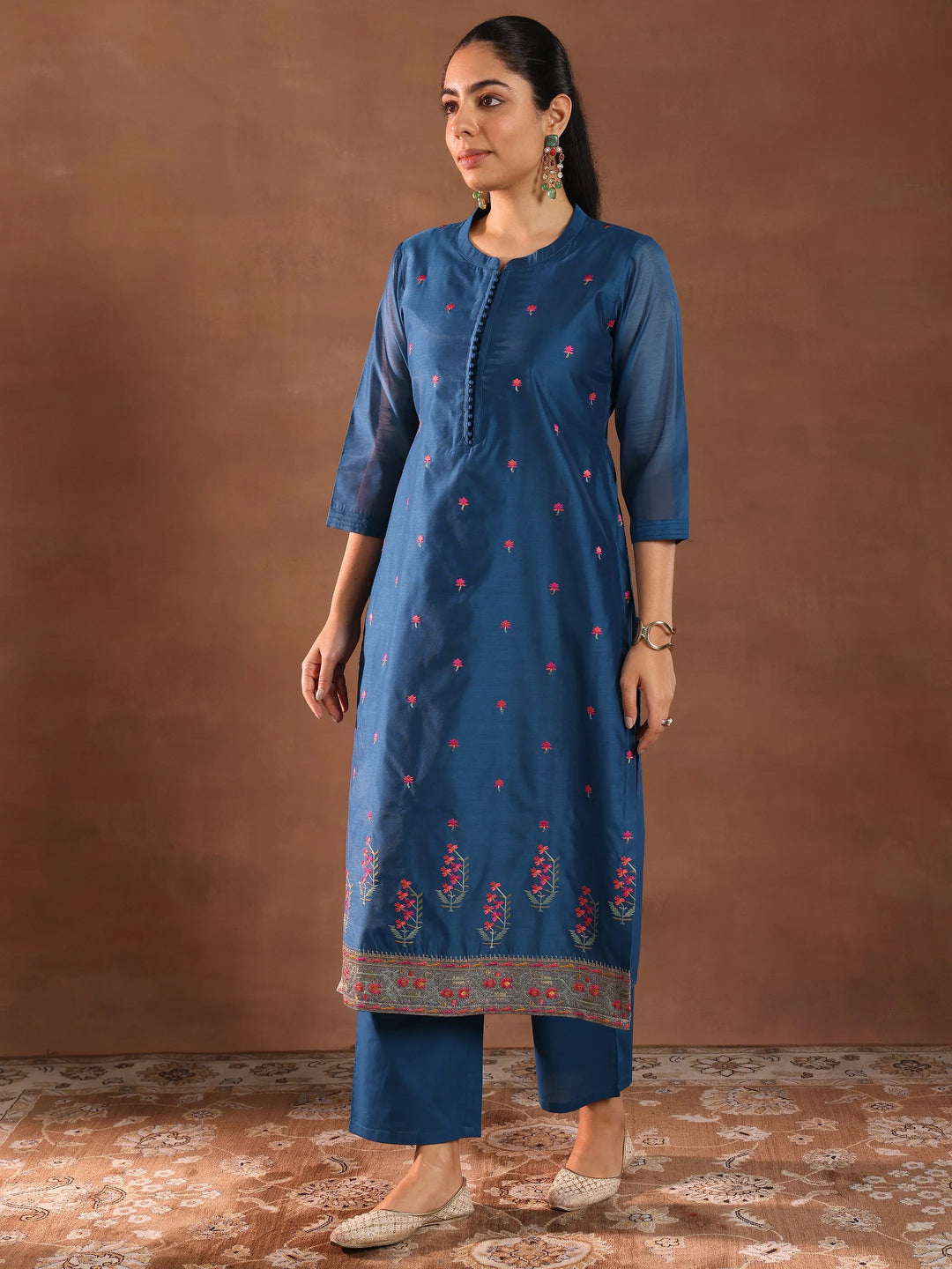  Teal Embroidered Chanderi Silk Straight Suit With Dupatta 