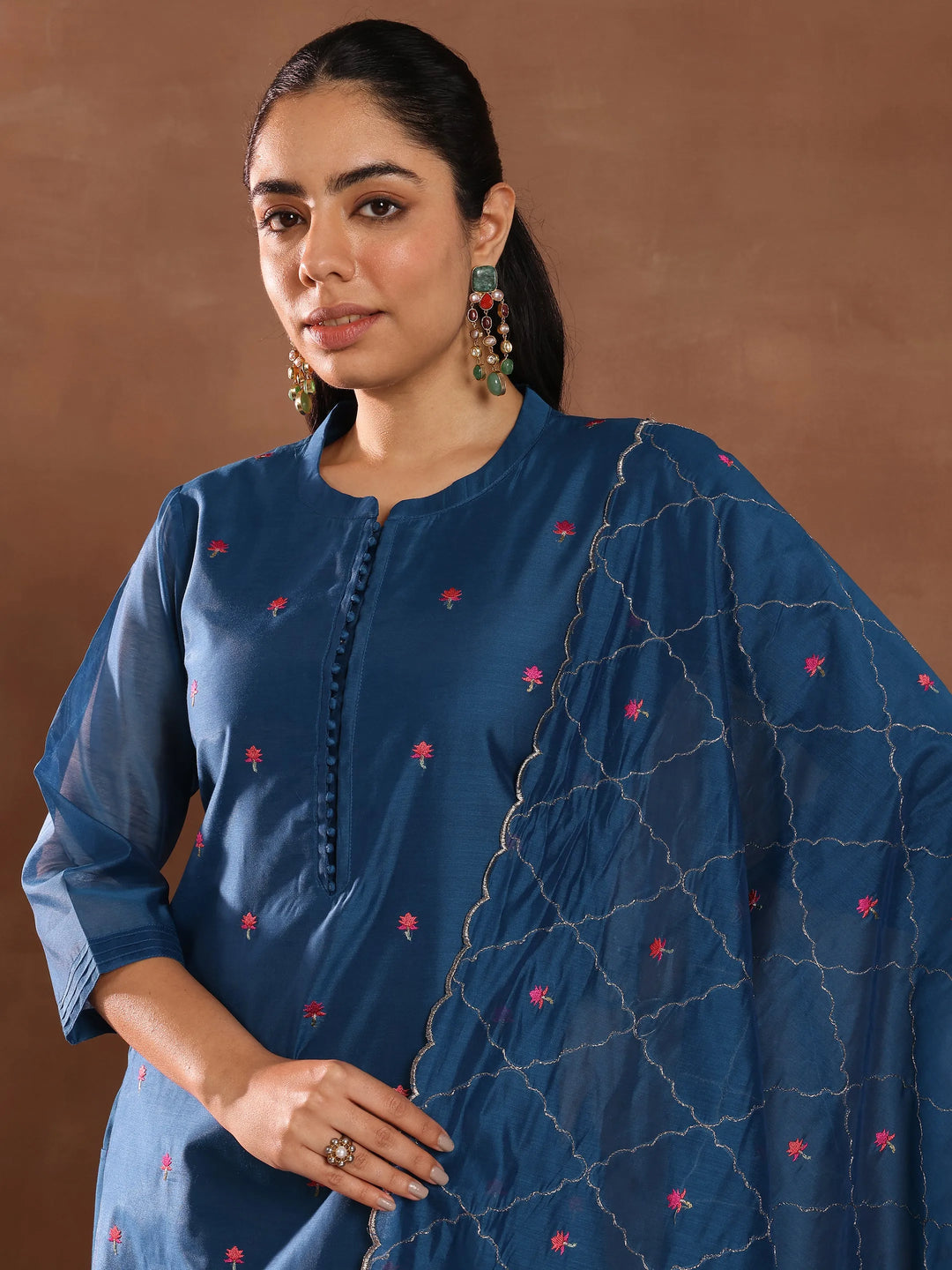  Teal Embroidered Chanderi Silk Straight Suit With Dupatta 