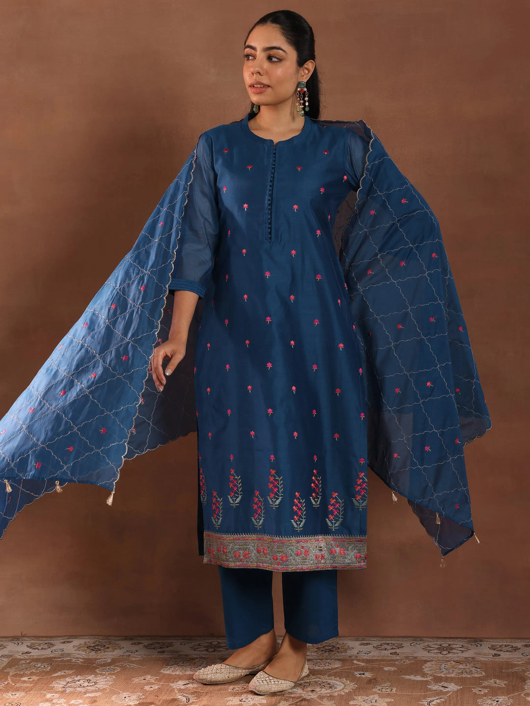  Blue Embroidered Chanderi Silk Straight Suit With Dupatta 