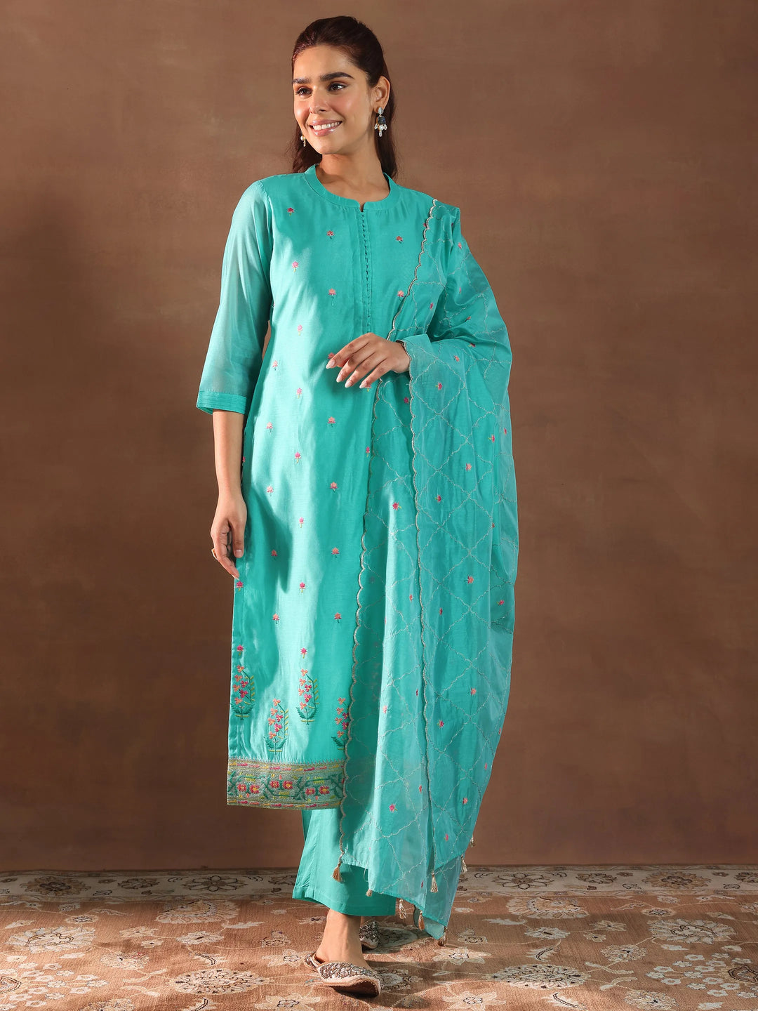  Turquoise Blue Embroidered Chanderi Silk Straight Suit With Dupatta 