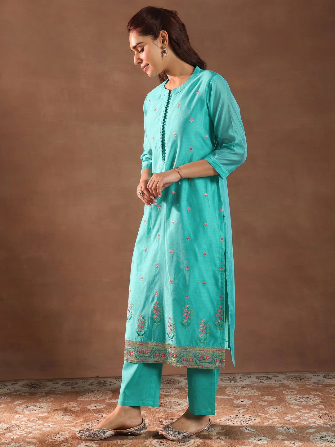  Turquoise Blue Embroidered Chanderi Silk Straight Suit With Dupatta 