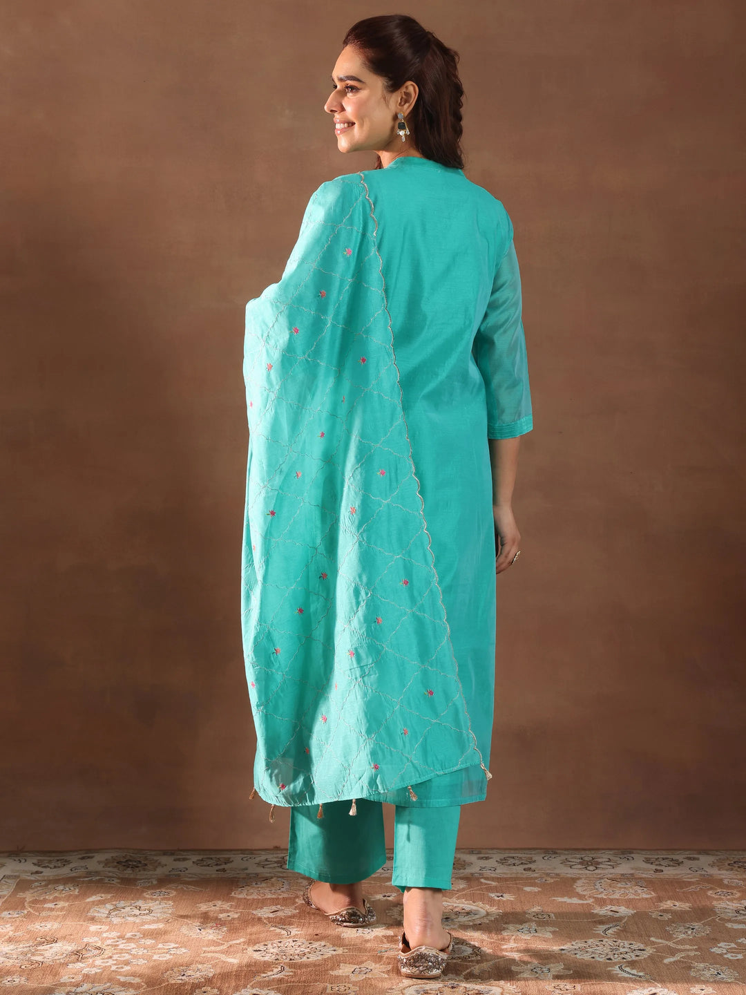  Turquoise Blue Embroidered Chanderi Silk Straight Suit With Dupatta 