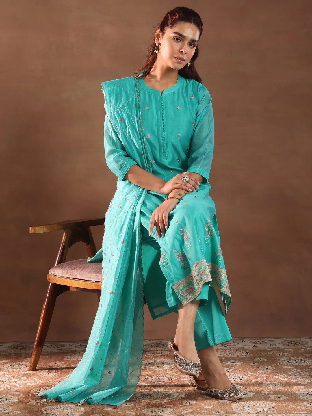  Turquoise Blue Embroidered Chanderi Silk Straight Suit With Dupatta 