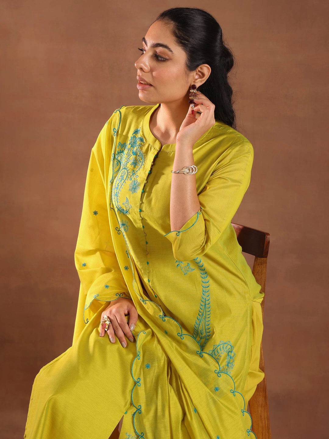 Lime Embroidered Chanderi Silk Straight Suit With Dupatta