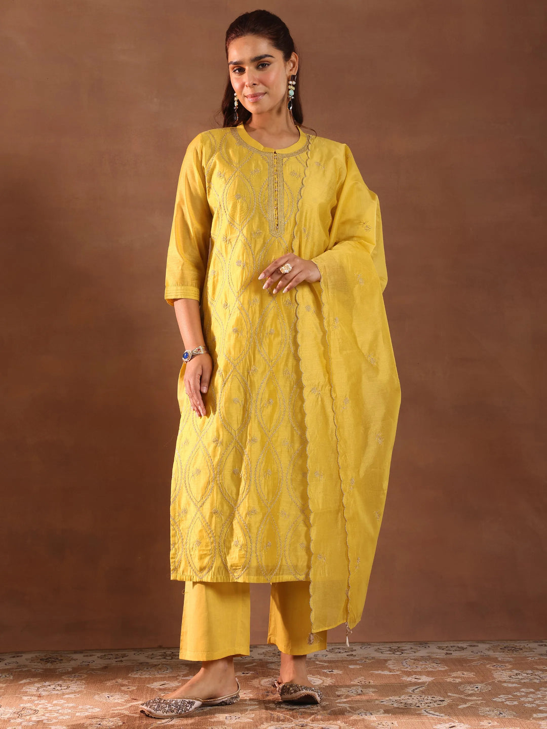  Mustard Embroidered Chanderi Silk Straight Suit With Dupatta 