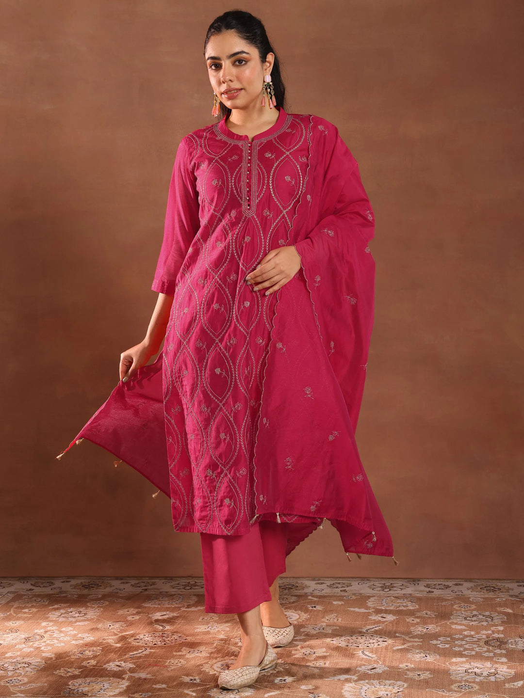  Pink Embroidered Chanderi Silk Straight Suit With Dupatta 