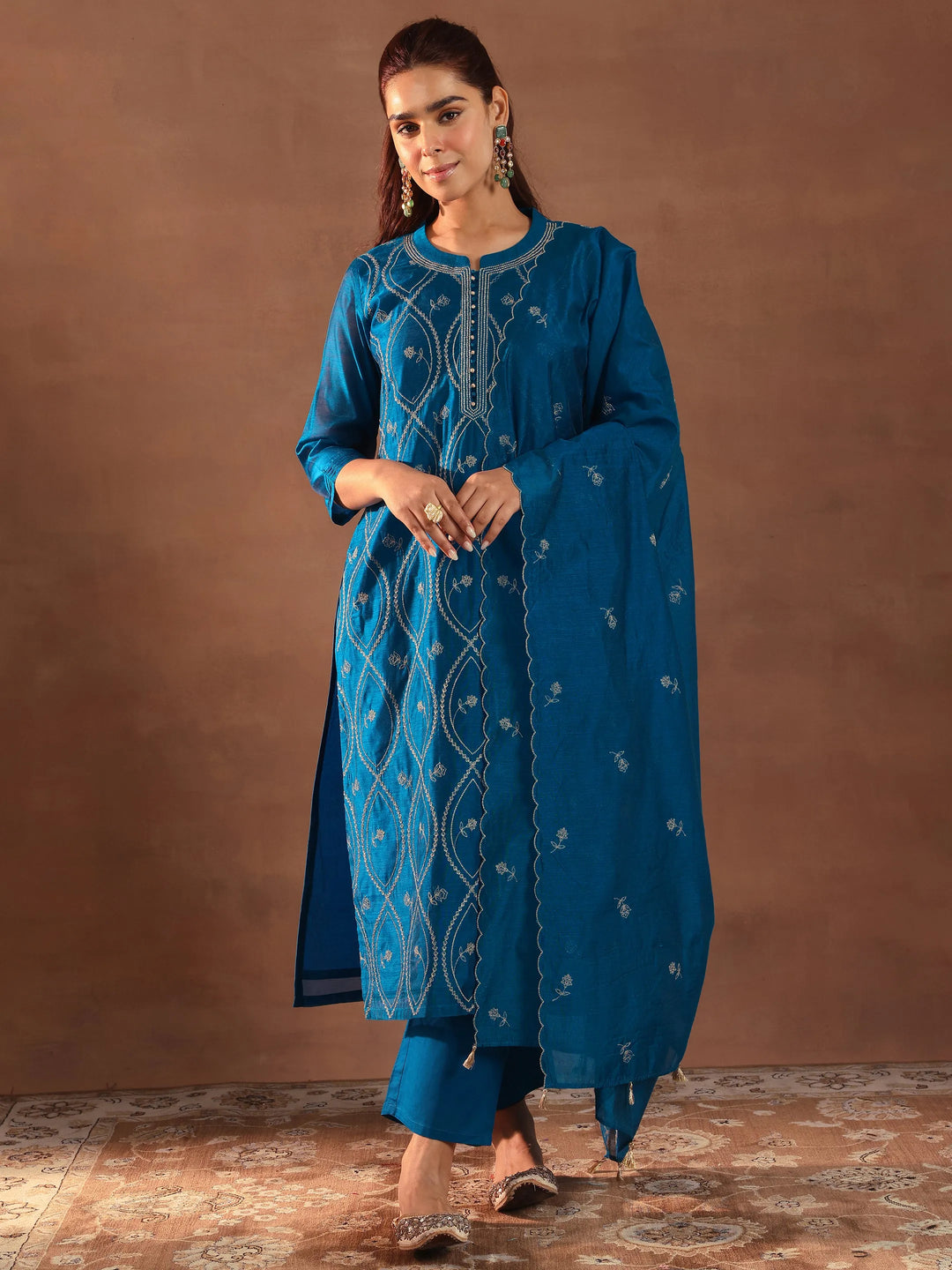  Teal Embroidered Chanderi Silk Straight Suit With Dupatta 