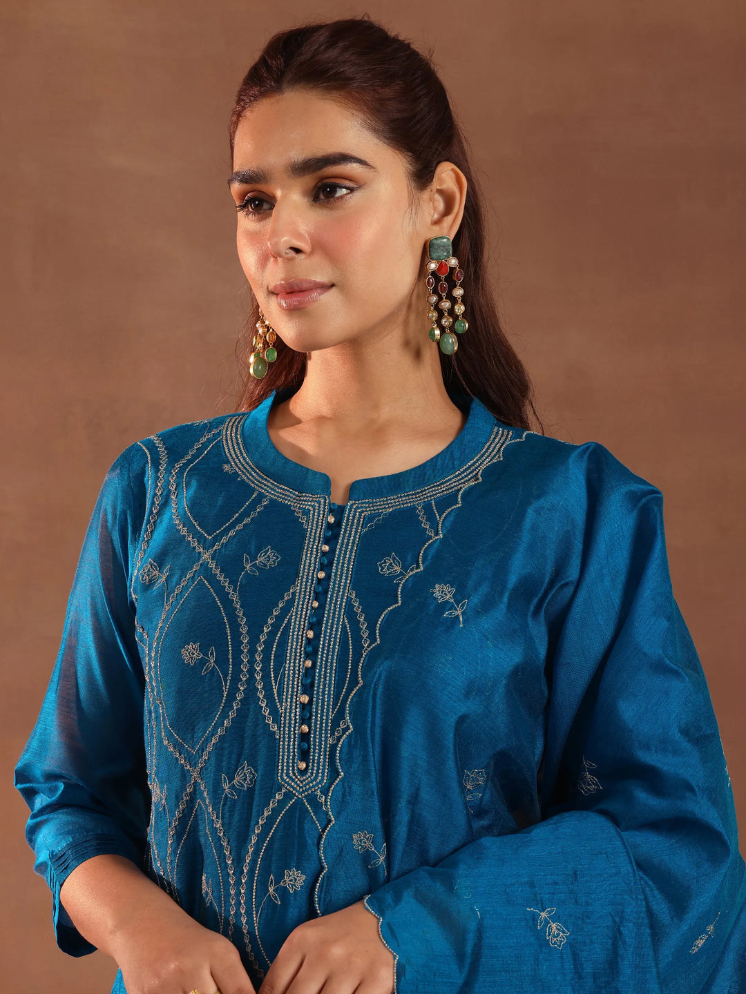  Teal Embroidered Chanderi Silk Straight Suit With Dupatta 