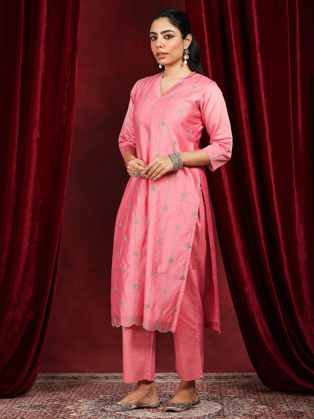  Libas Art Coral Embroidered Chanderi Silk Straight Suit With Dupatta 