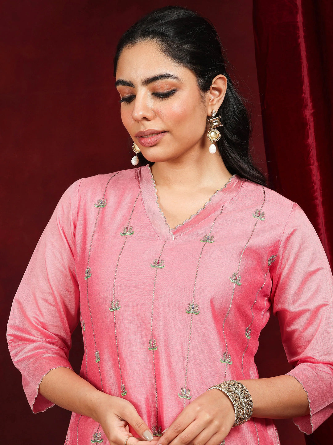  Libas Art Coral Embroidered Chanderi Silk Straight Suit With Dupatta 