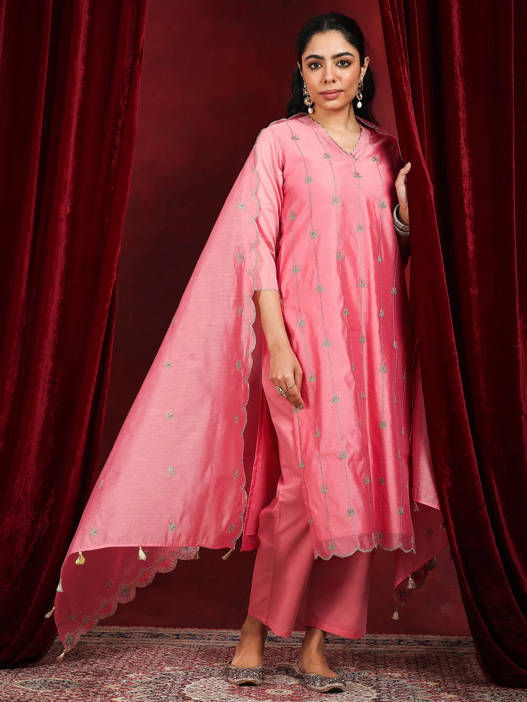  Libas Art Coral Embroidered Chanderi Silk Straight Suit With Dupatta 