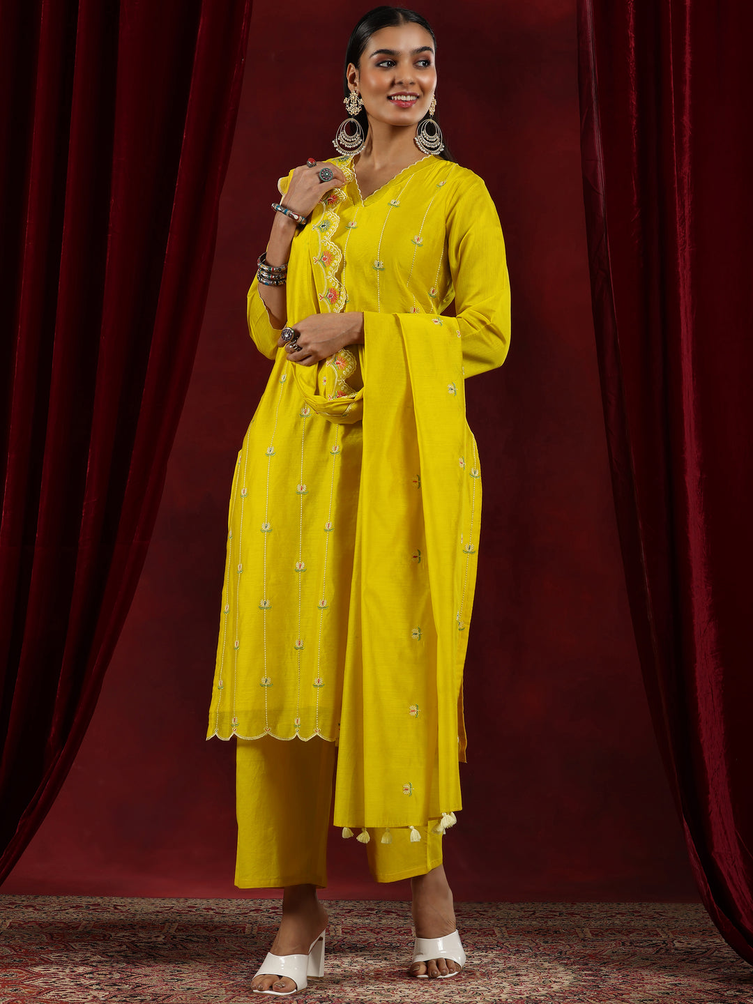  Libas Art Mustard Embroidered Chanderi Silk Straight Suit With Dupatta 