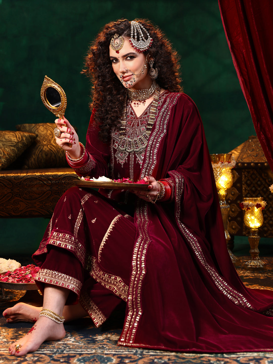  Maroon Embroidered Velvet A-line Kurta  With Trousers & Dupatta 