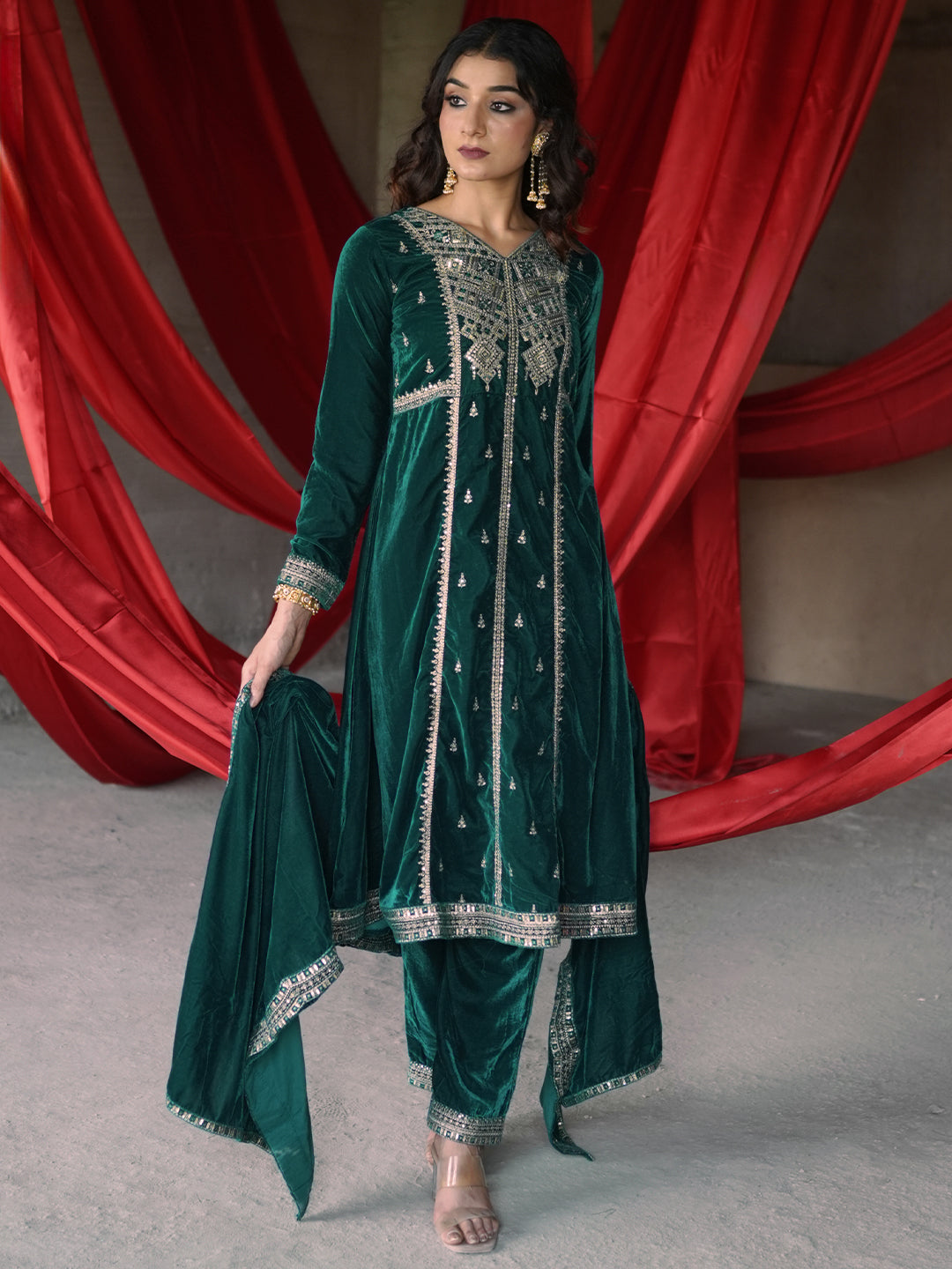 Green Embroidered Velvet A-line Kurta  With Trousers & Dupatta