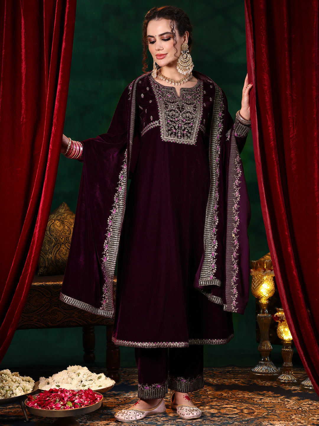  Burgundy Embroidered Velvet A-line Kurta  With Trousers & Dupatta 