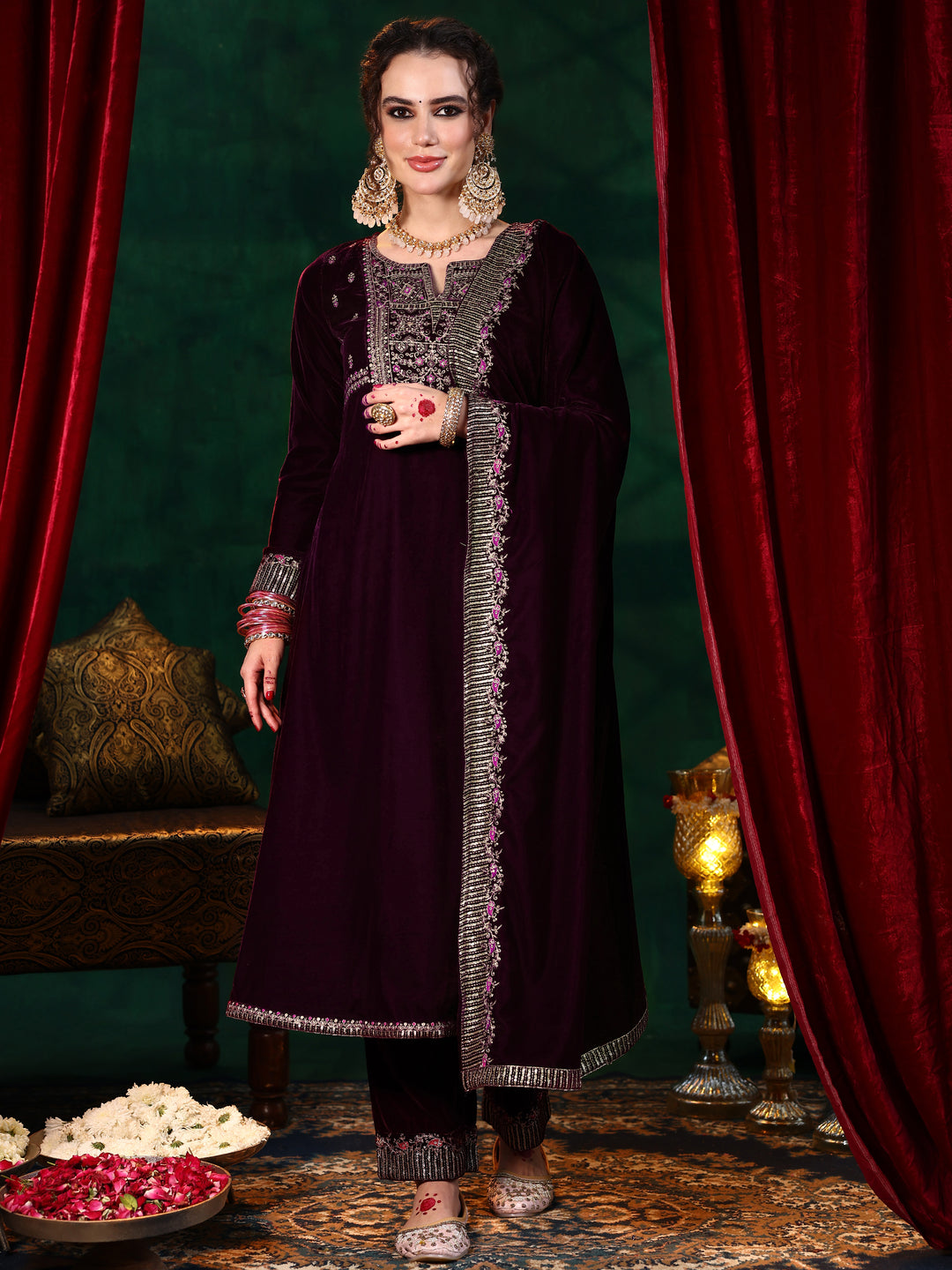  Burgundy Embroidered Velvet A-line Kurta  With Trousers & Dupatta 