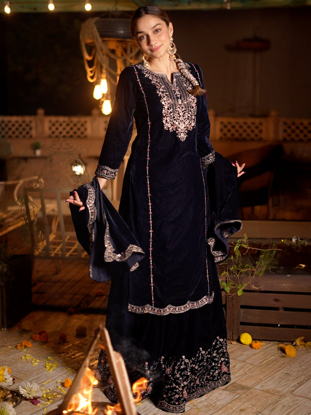  Blue Embroidered Velvet Straight Suit With Dupatta 