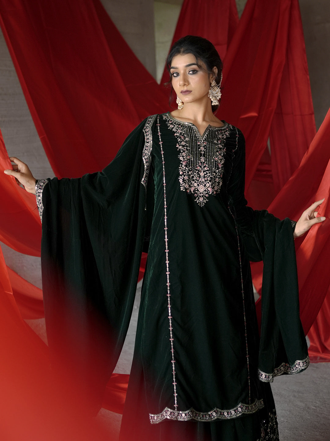 Green Embroidered Velvet Straight Suit With Dupatta