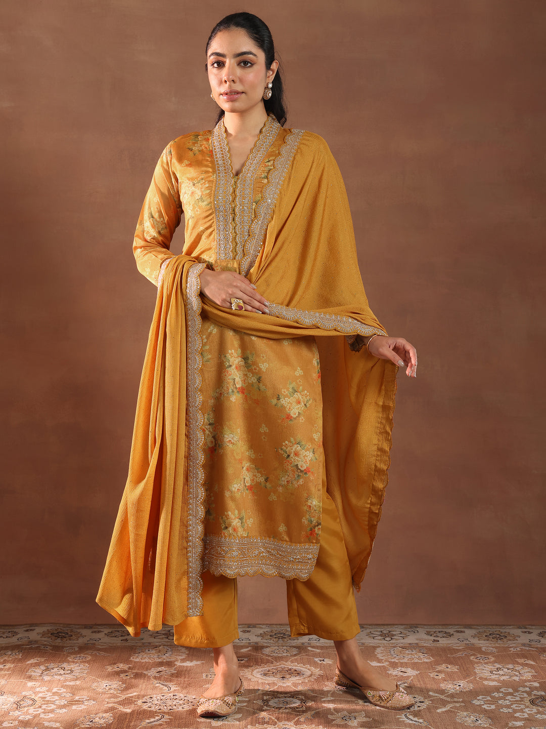 Mustard Printed Silk Blend Straight Suit With Dupatta