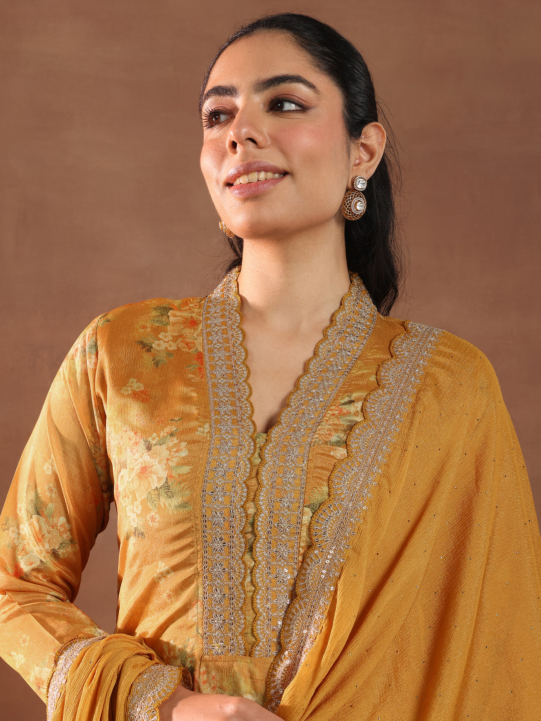  Mustard Printed Silk Blend Straight Suit With Dupatta 