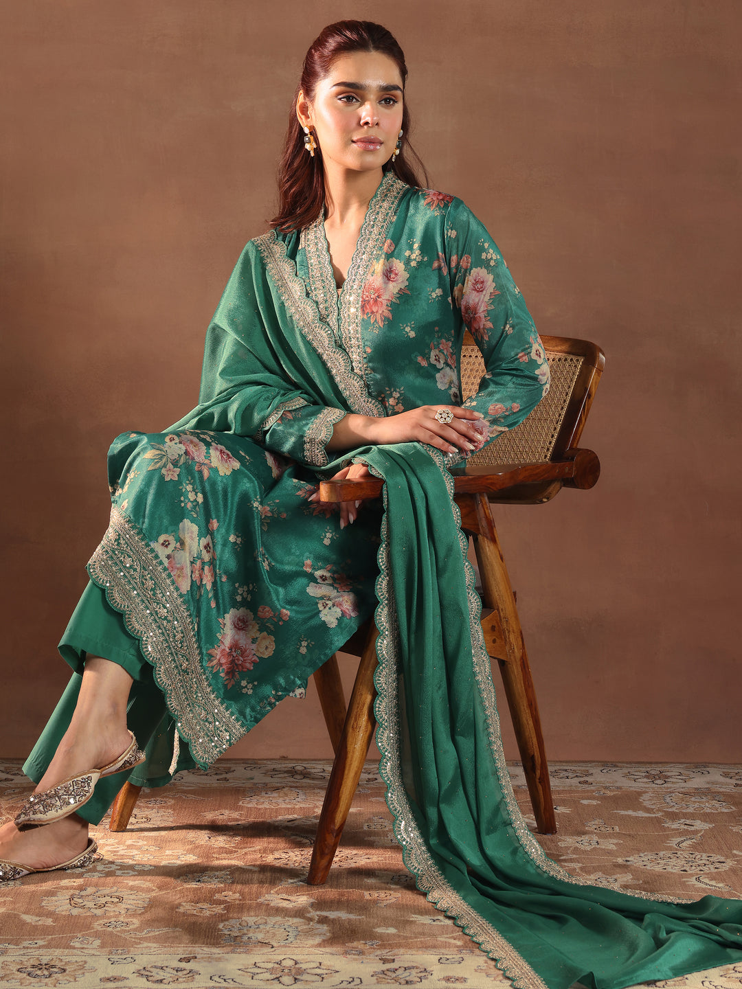  Green Printed Silk Blend Straight Suit With Dupatta 