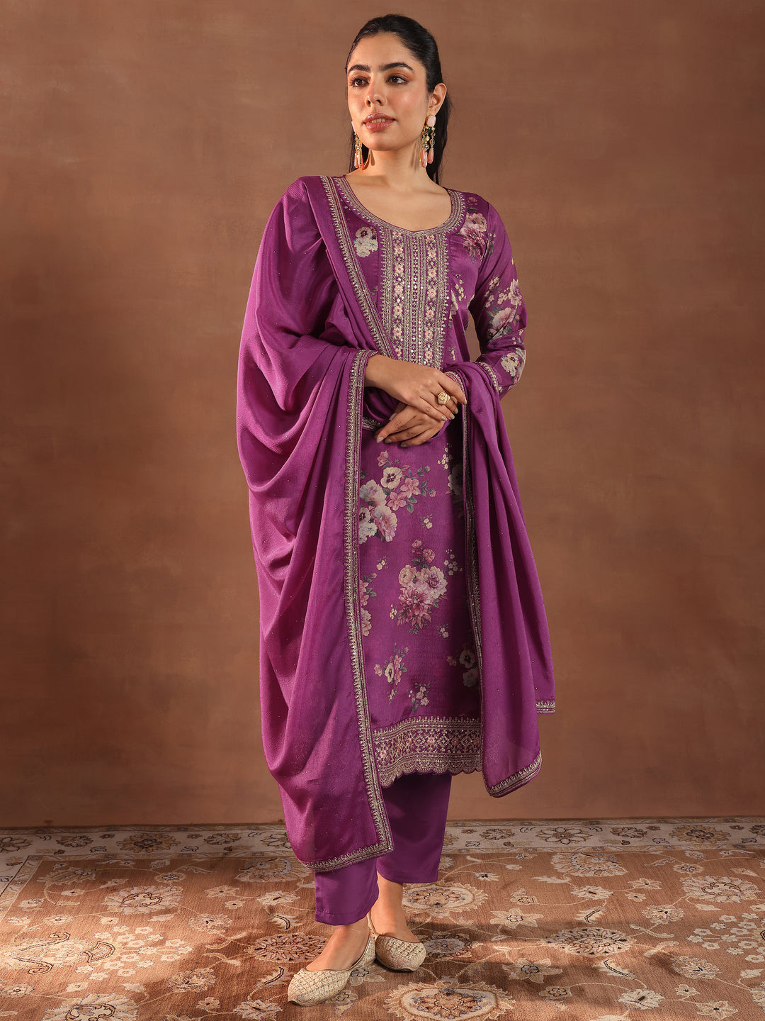  Burgundy Printed Silk Blend Straight Suit With Dupatta 