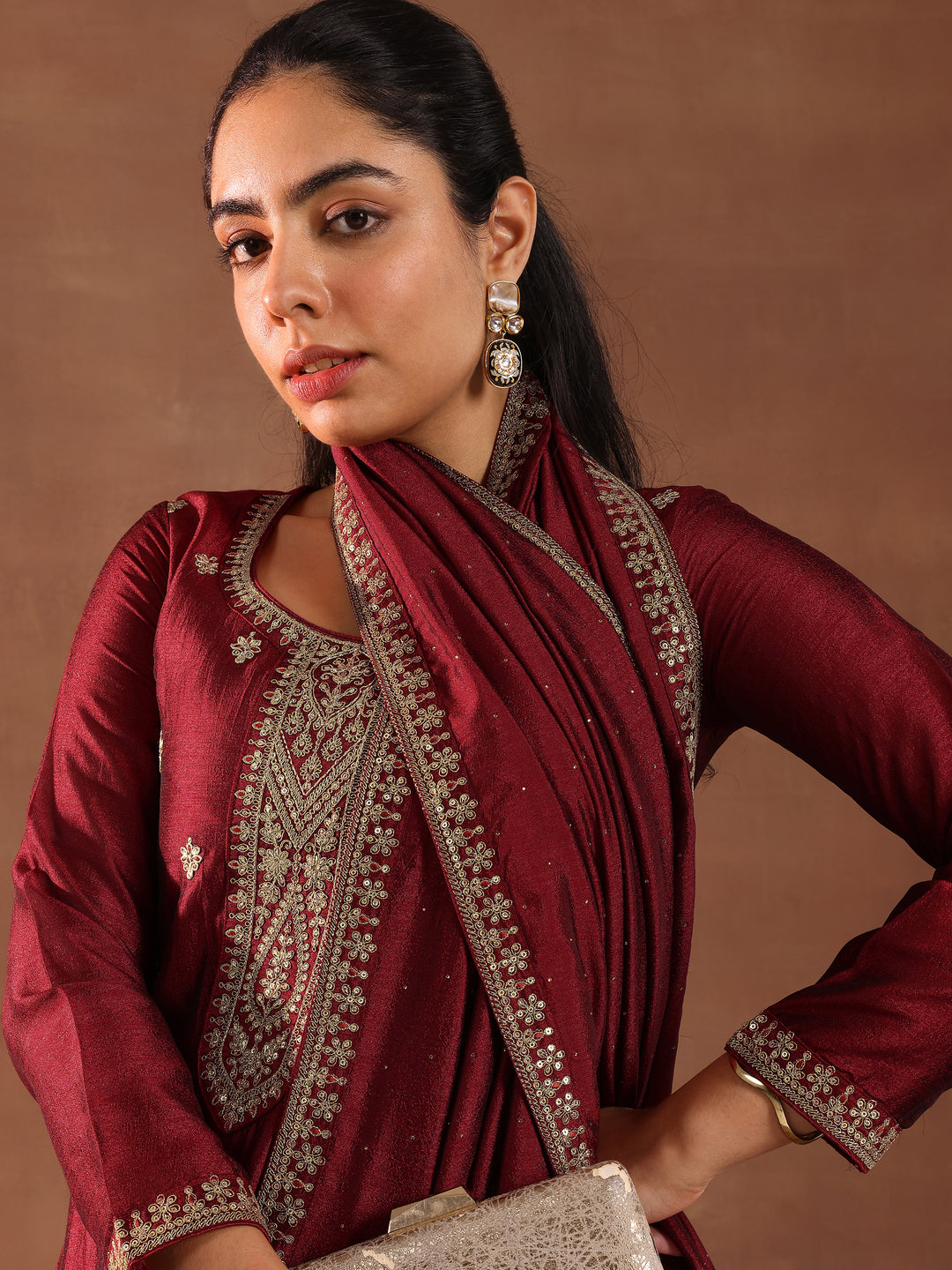  Maroon Embroidered Silk Blend Straight Suit With Dupatta 