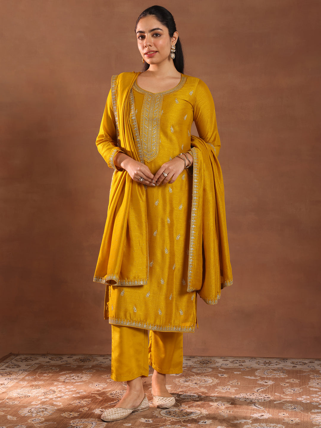  Mustard Embroidered Silk Blend Straight Suit With Dupatta 