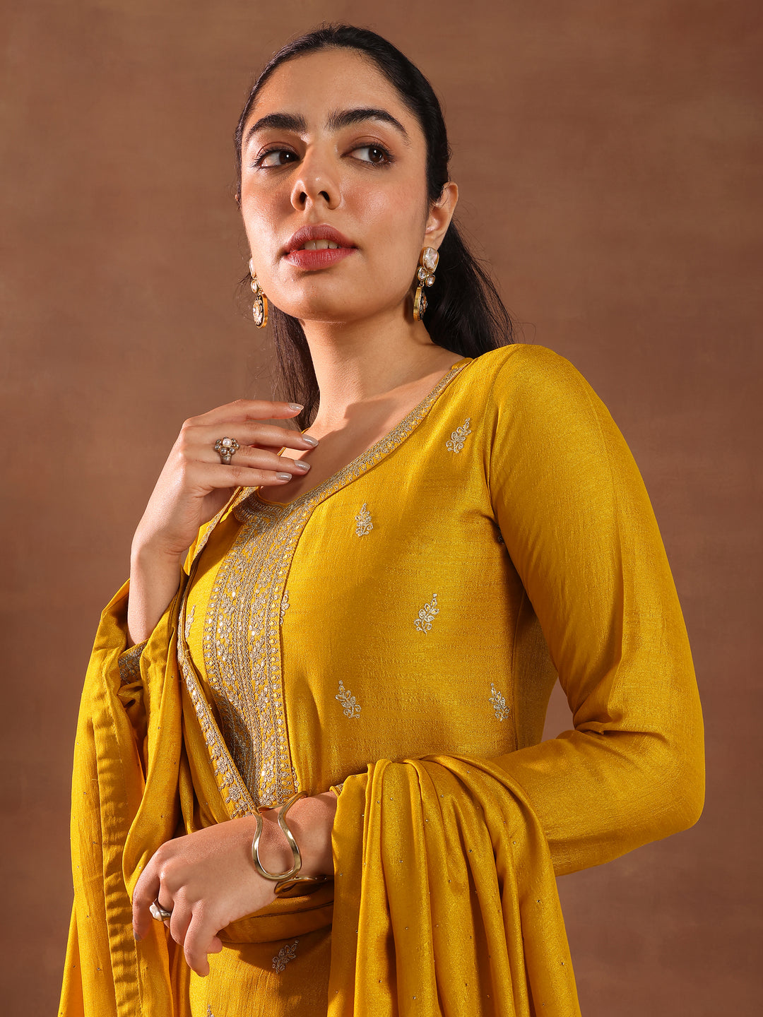  Mustard Embroidered Silk Blend Straight Suit With Dupatta 