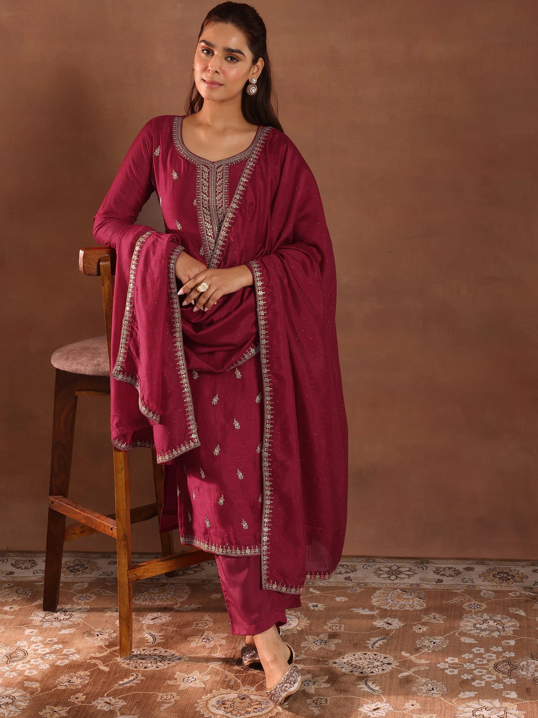  Pink Embroidered Silk Blend Straight Suit With Dupatta 