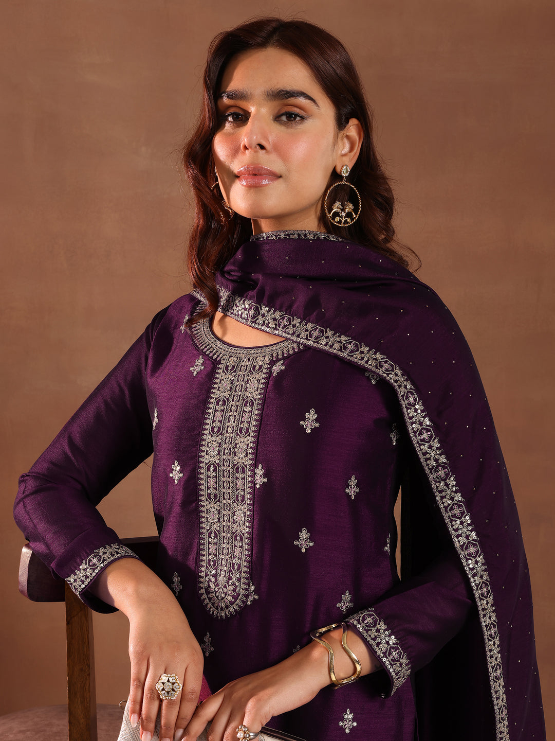  Burgundy Embroidered Silk Blend Straight Suit With Dupatta 