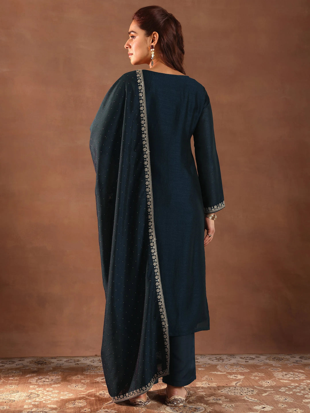  Teal Embroidered Silk Blend Straight Suit With Dupatta 