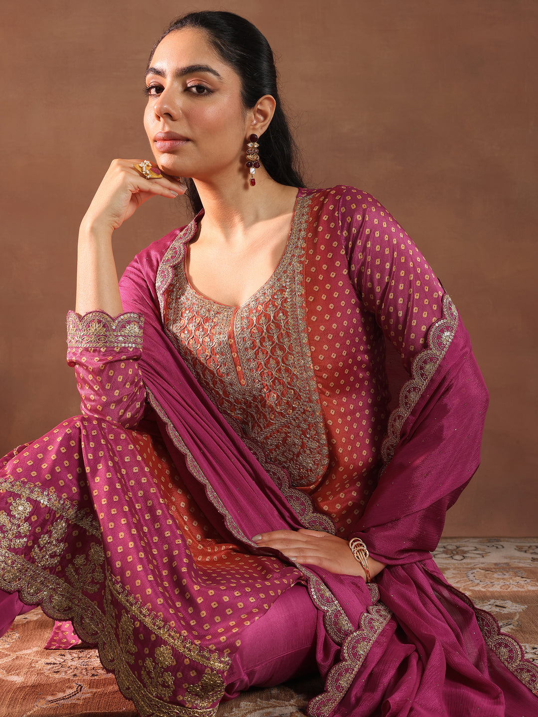 Pink Printed Silk Blend Straight Suit With Dupatta