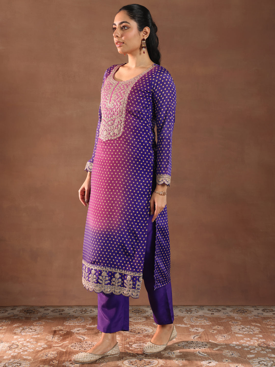  Purple Printed Silk Blend Straight Suit With Dupatta 