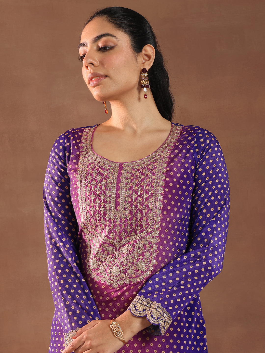  Purple Printed Silk Blend Straight Suit With Dupatta 