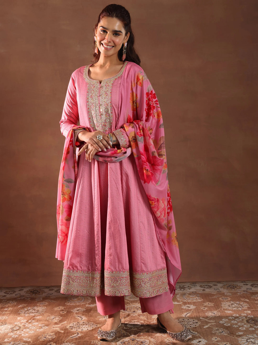  Pink Woven Design Silk Blend Anarkali Suit With Dupatta 